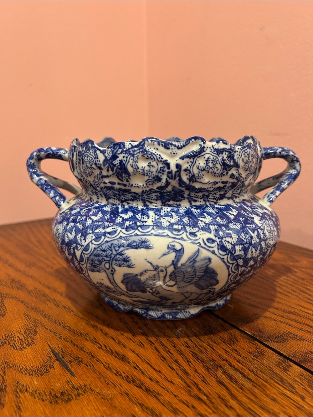Blue and White Decorative Ceramic Vase with Bird Motif